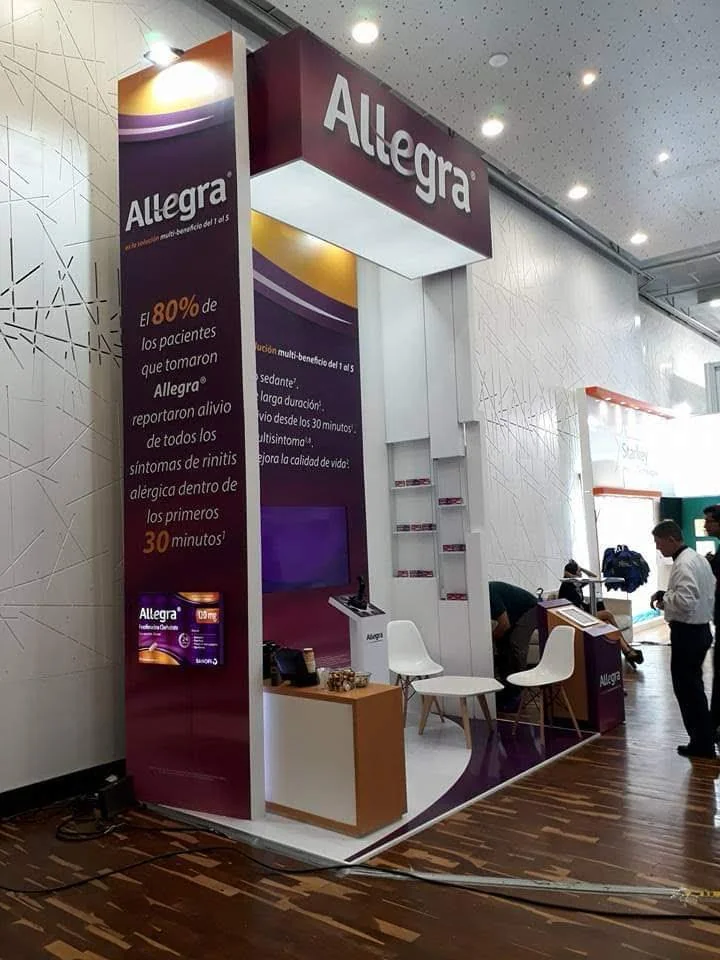 Professional brand activation event setup by Habitar 91 featuring custom designed environment with Allegra branding and experiential elements