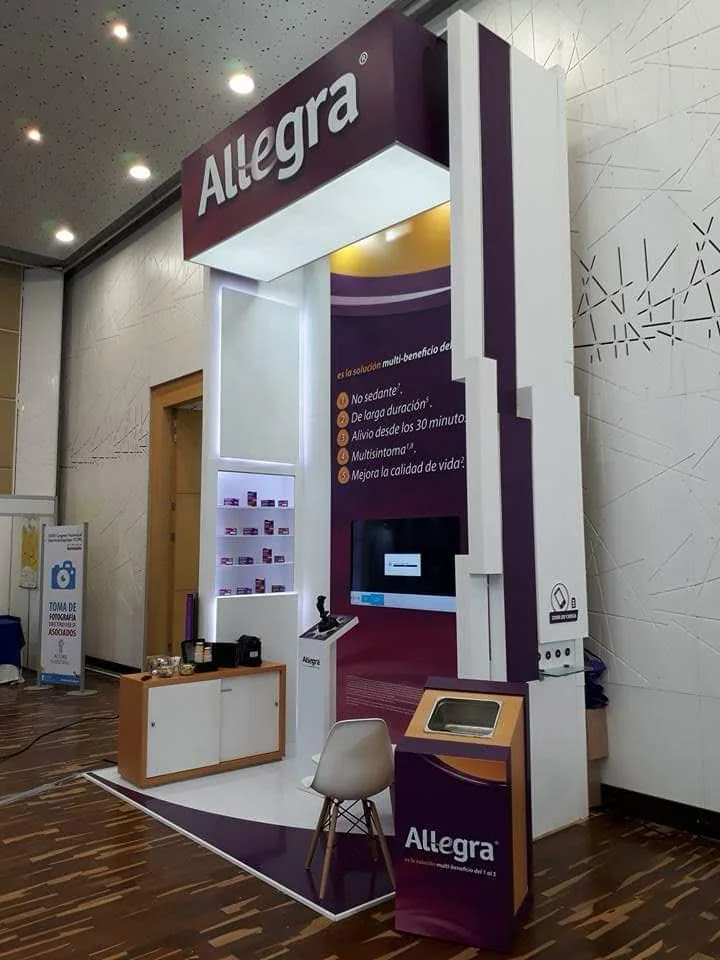 Professional brand activation event setup by Habitar 91 featuring custom designed environment with Allegra branding and experiential design elements
