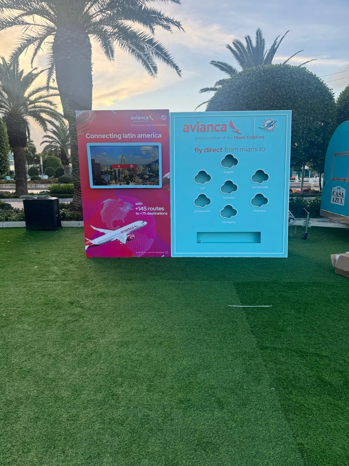 Custom branded backdrop for Avianca brand activation event at South Beach, Florida, featuring professional design and installation by Habitar 91