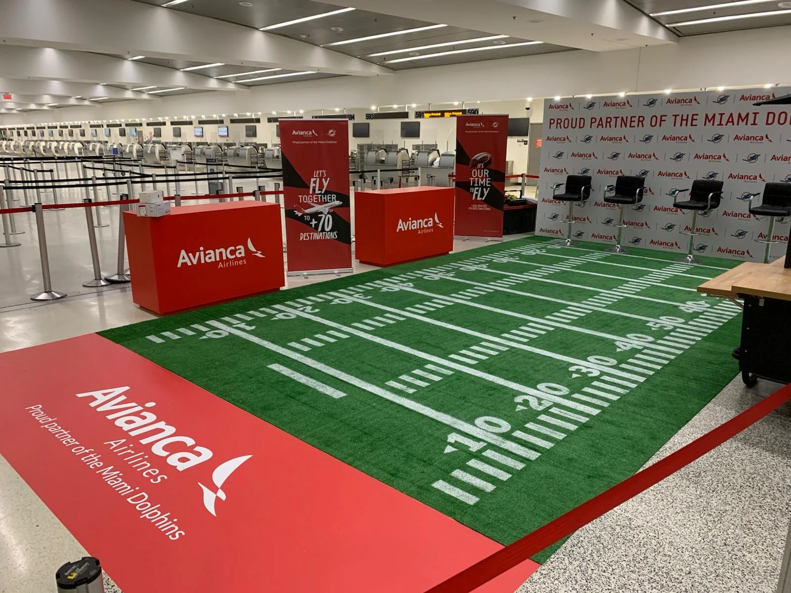 Custom branded backdrop for Avianca brand activation event at South Beach, Florida, featuring professional design and installation by Habitar 91