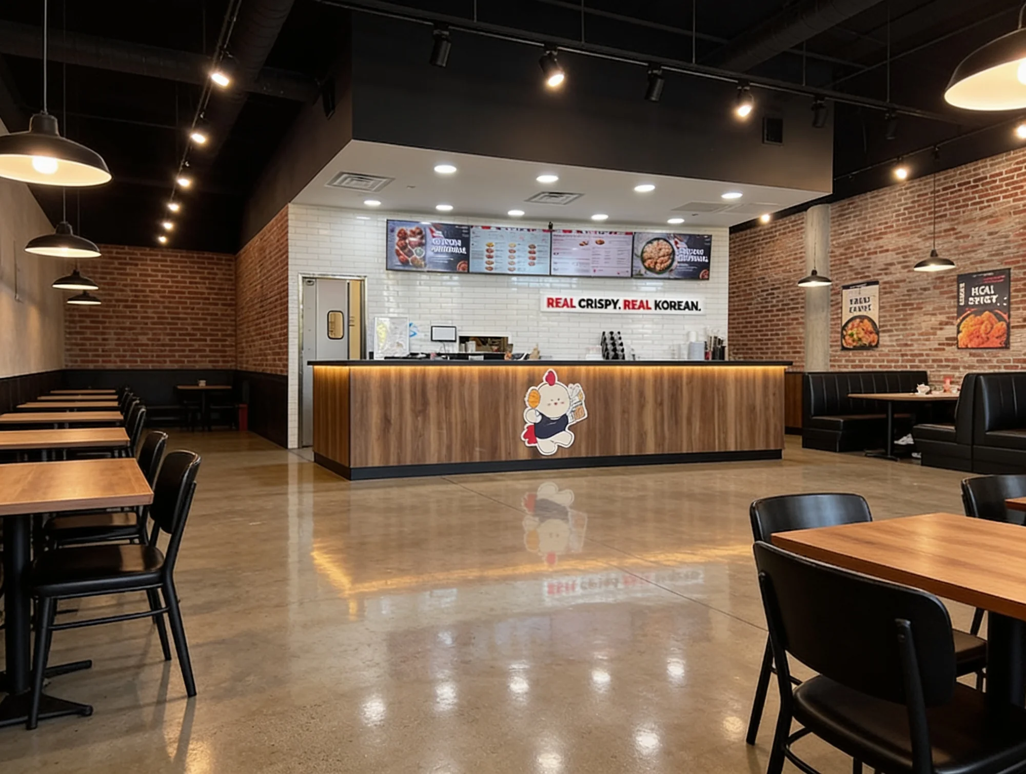 Modern restaurant interior design featuring custom branded elements and commercial buildout for BBQ Chicken in Davie, Florida