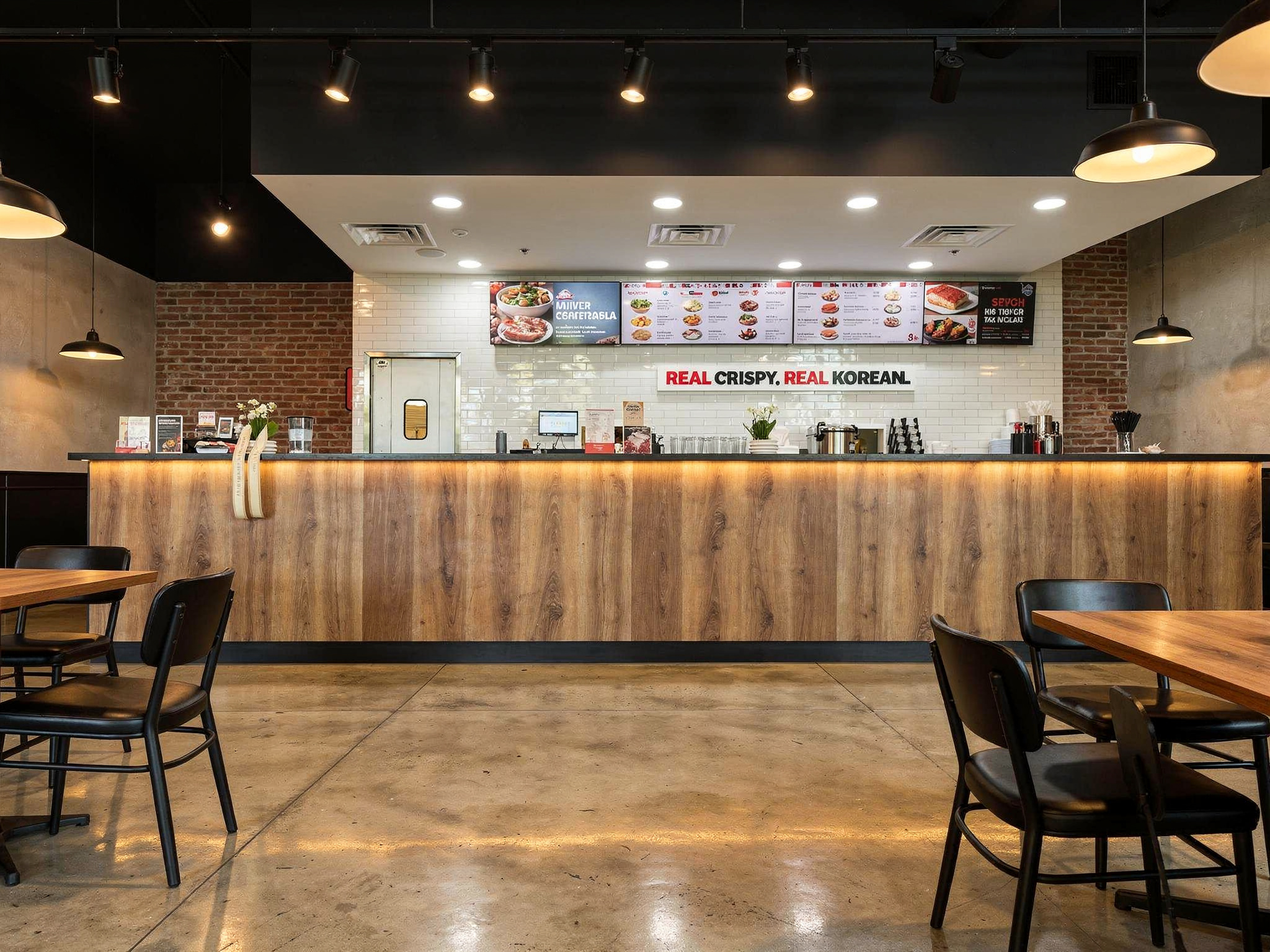 Modern commercial interior design for BBQ Chicken restaurant featuring branded environments and custom finishes