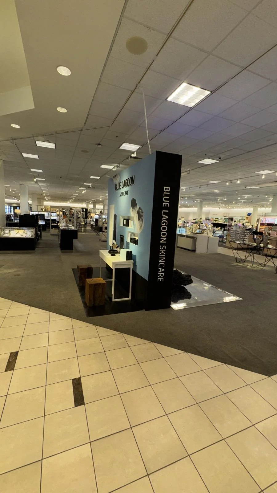 Custom brand activation backdrop designed and fabricated by Habitar 91 for Blue Lagoon Skincare featuring branded graphics and professional finish