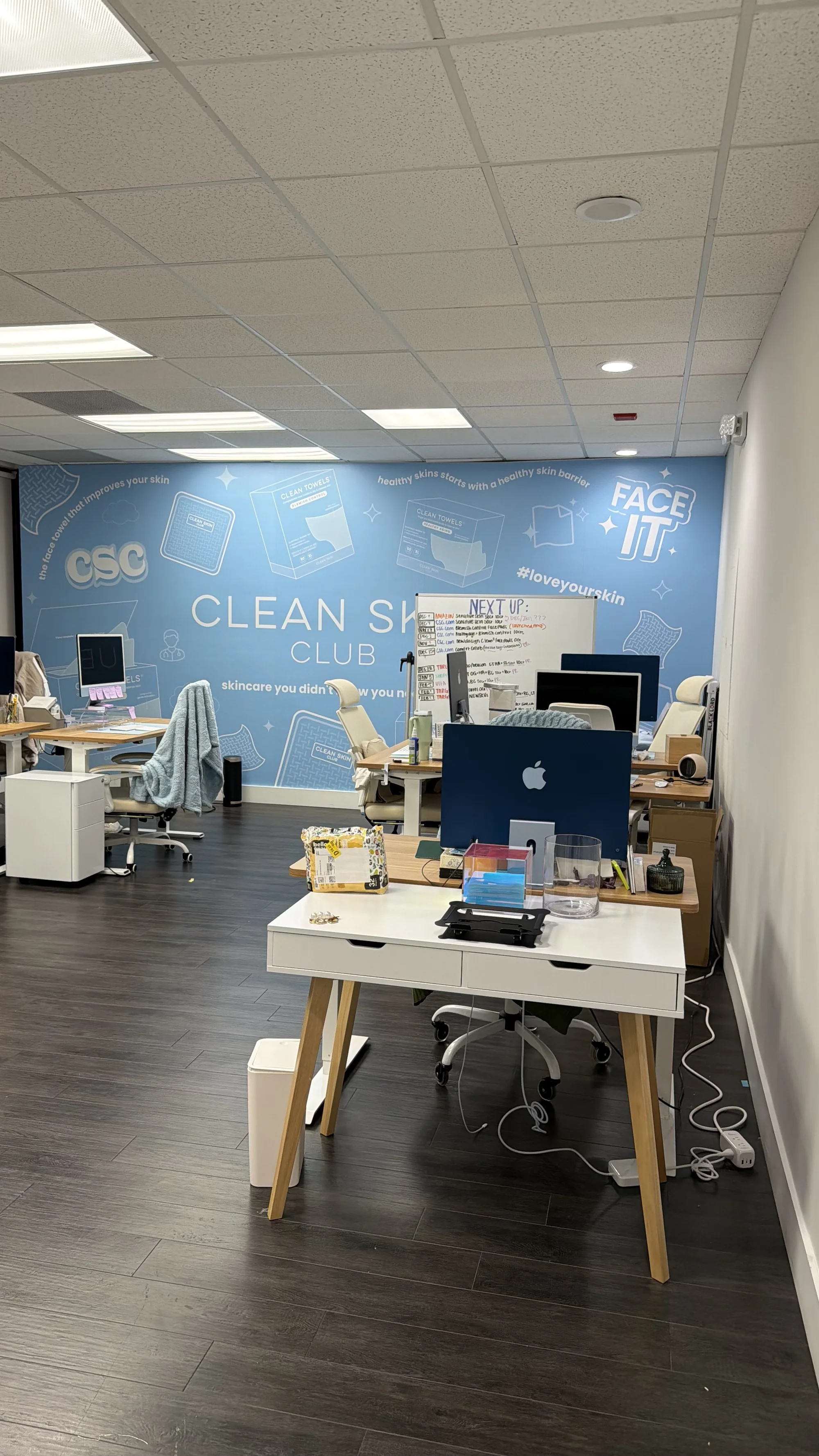 Modern wall graphics installation for Clean Skin Club featuring sleek branding design on interior wall in Weston, Florida
