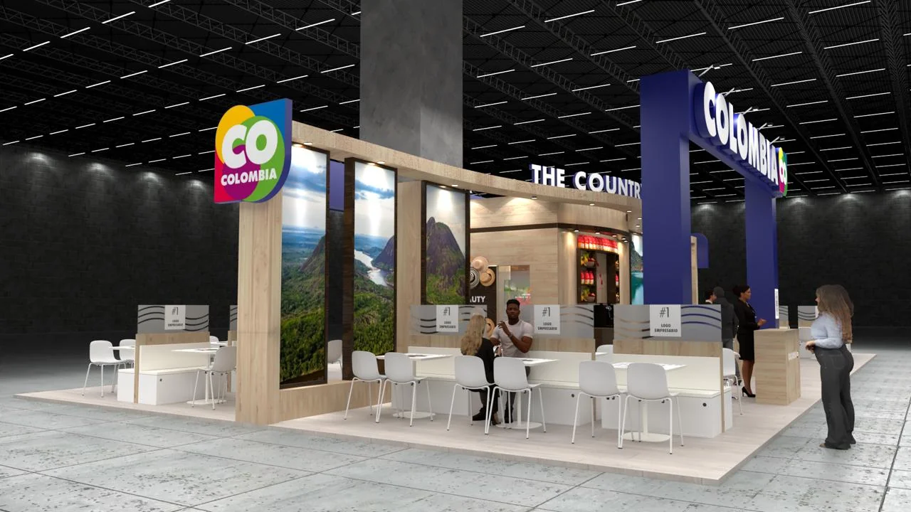 Professional trade show booth for Co Colombia featuring custom branding, modern design elements, and interactive display areas at a Las Vegas convention event.