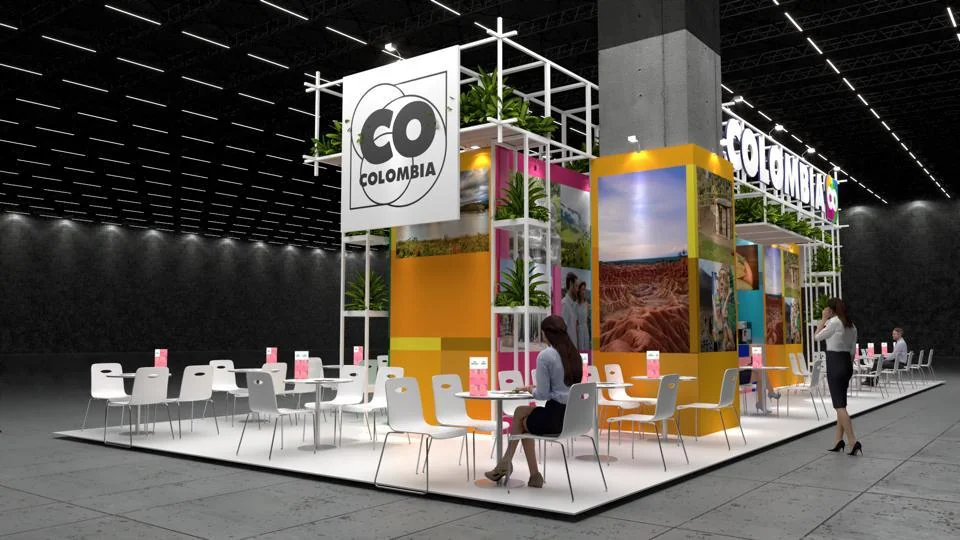 Professional trade show booth for Co Colombia featuring custom branding, modern design elements, and interactive display setup at San Diego event