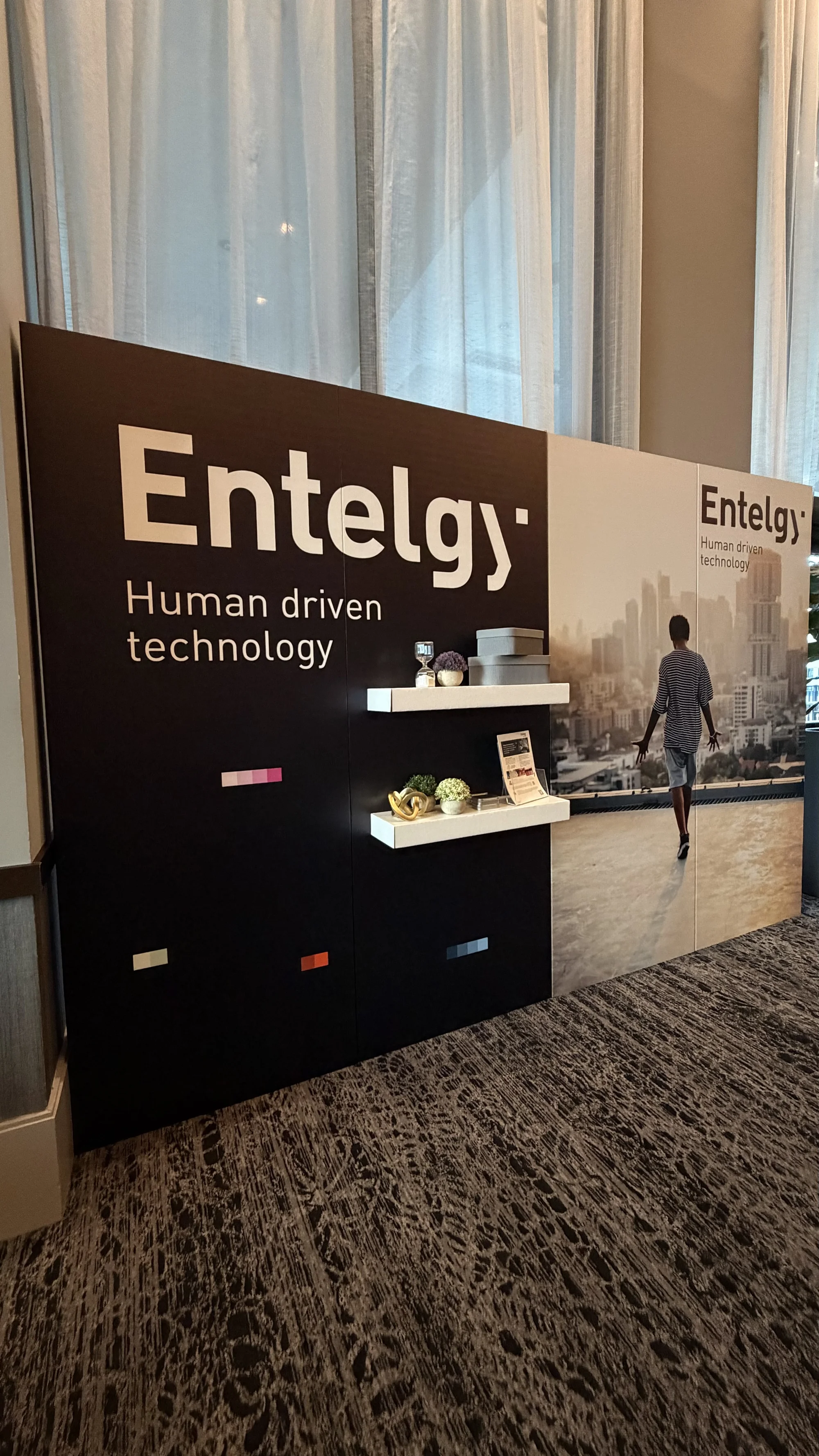 Custom cardboard backdrop display for Entelgy brand activation event, featuring sustainable material construction and professional branding design by Habitar 91.