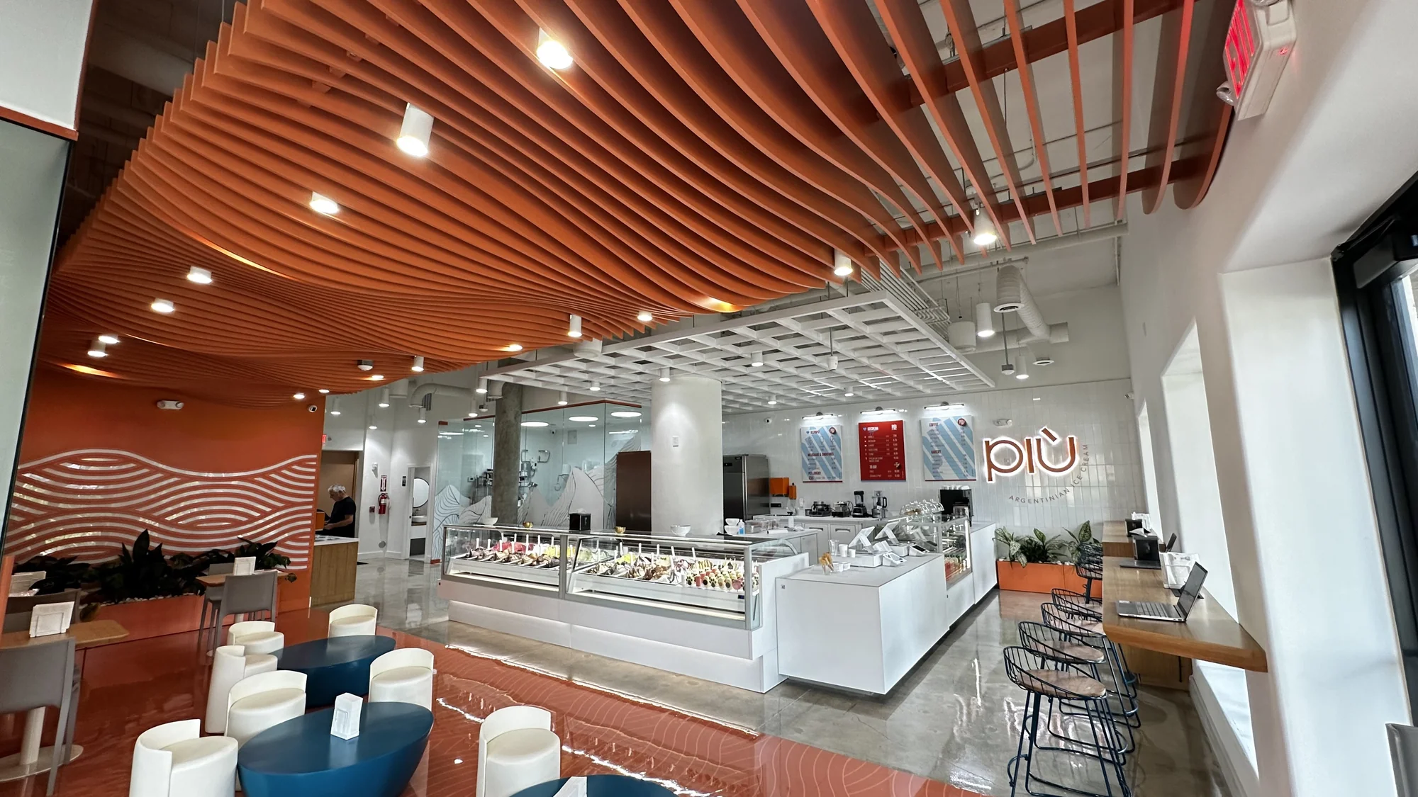 Modern ice cream shop interior at Piu Gelato in Davie, Florida, featuring custom design and branded environments by Habitar 91